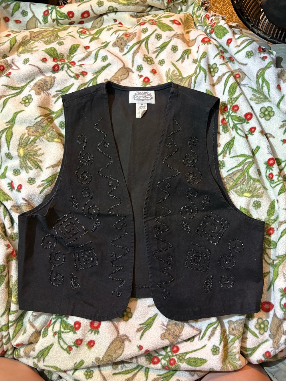 villager Black Beaded Open-Front Vest